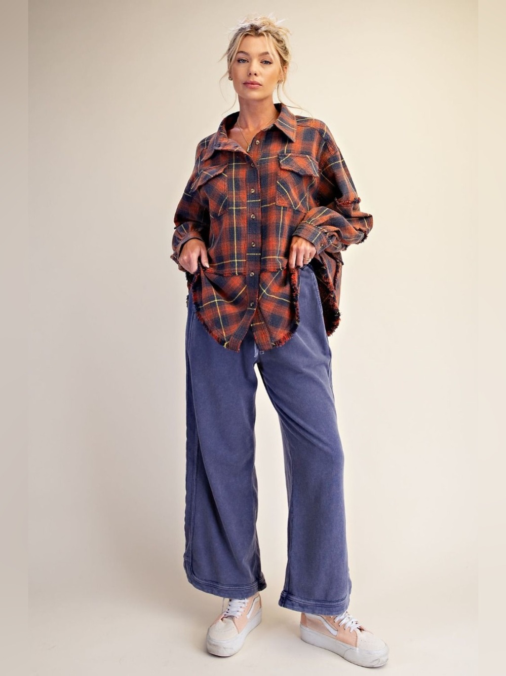 Easel Faded Navy Washed Terry Knit Pants - Picture 4 of 4